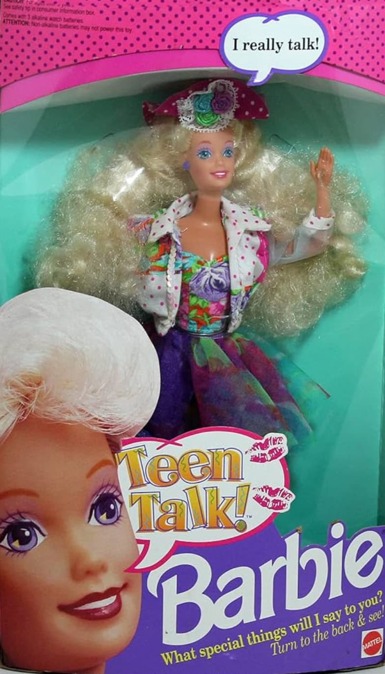 teen talk barbie - See safety to in consumer information box Cones with 3 skaline watch bateres Attention Nonakalina batecies may not power this toy I really talk! Teen Talk's Barbie Turn to the back & see! What special thing's will I say to you? Mattel